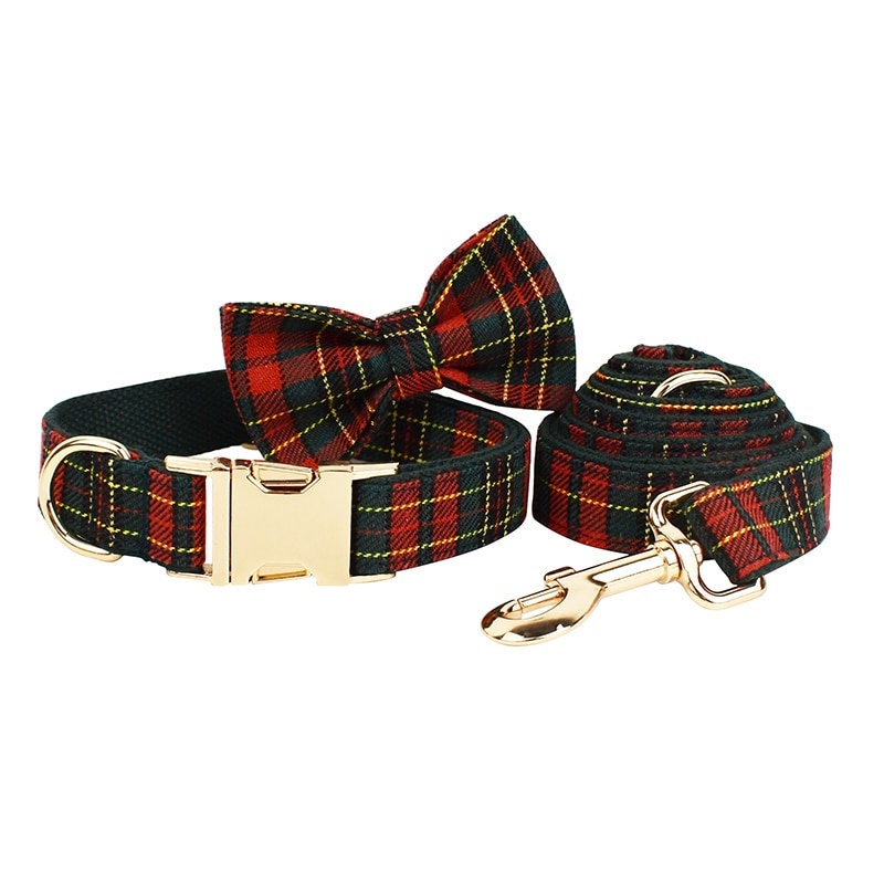 Personalised Tartan Dog Collar, Harness, Bow, Leash for Christmas New Year Green Red Outfit, Custom Laser Engraved with Name