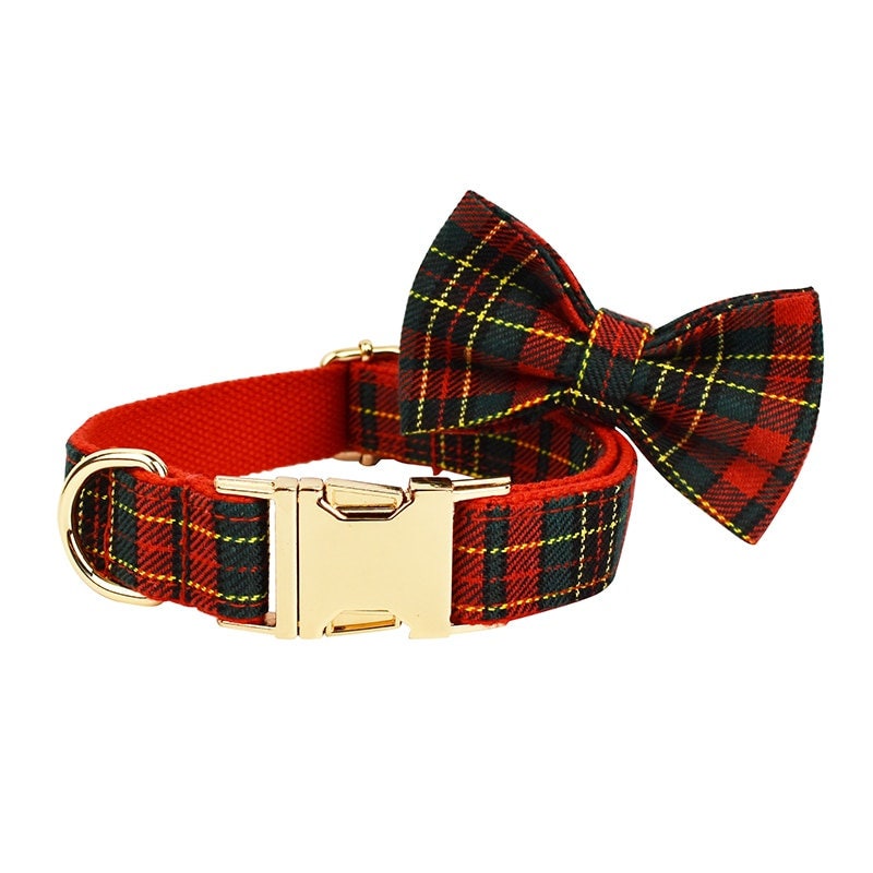 Personalised Tartan Christmas Dog Collar, Harness, Leash Green and Red Checkered Plaid Style, Different Combo, Dog Collar or Lead Set