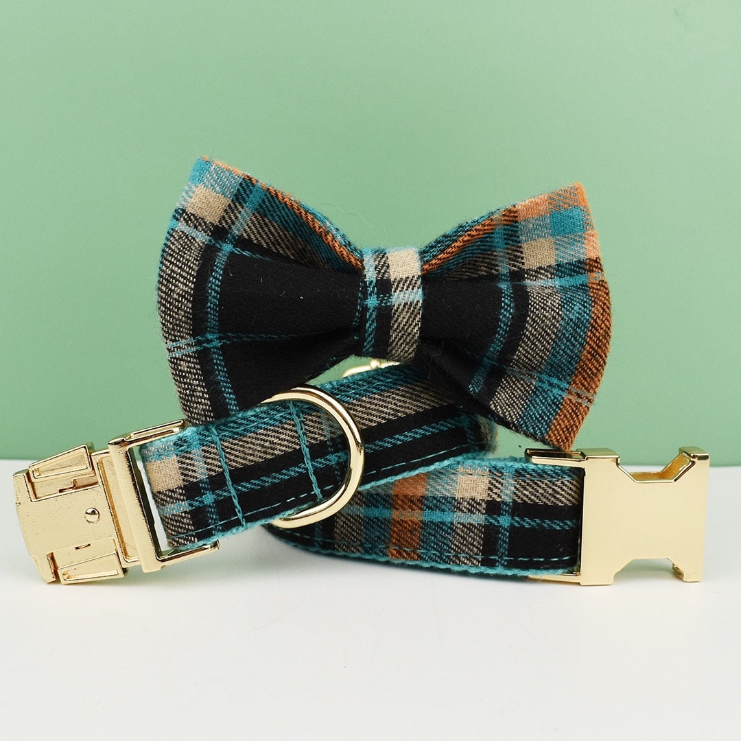 Green Tartan Dog Collar, Personalised Dog Harness Set, Green Black Checkered, Plaid Style Fabric, Different Combo, Dog Collar or Lead Set