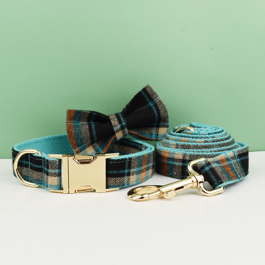 Green Tartan Dog Collar, Personalised Dog Harness Set, Green Black Checkered, Plaid Style Fabric, Different Combo, Dog Collar or Lead Set