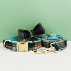Green Tartan Dog Collar, Personalized Dog Harness Set, Green Black Checkered, Plaid Style Fabric, Different Combo, Dog Collar or Lead Set