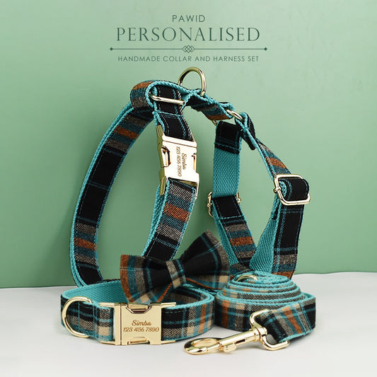 Green Tartan Dog Collar, Personalised Dog Harness Set, Green Black Checkered, Plaid Style Fabric, Different Combo, Dog Collar or Lead Set