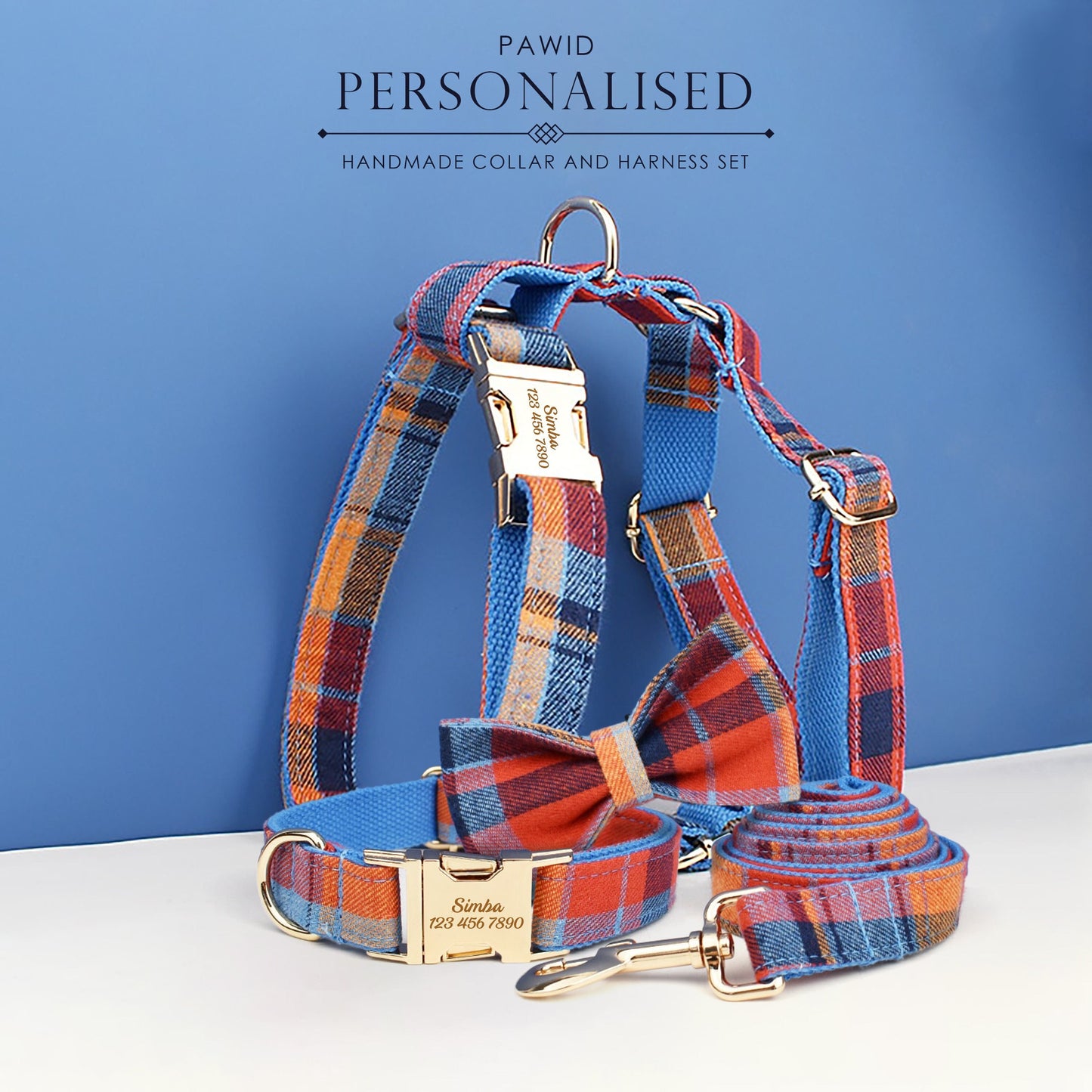 Tartan Dog Collar, Blue Red Check Custom H-Style Dog Harness, Leash, Collar, Bowtie, Stylish Boy Dog Accessories