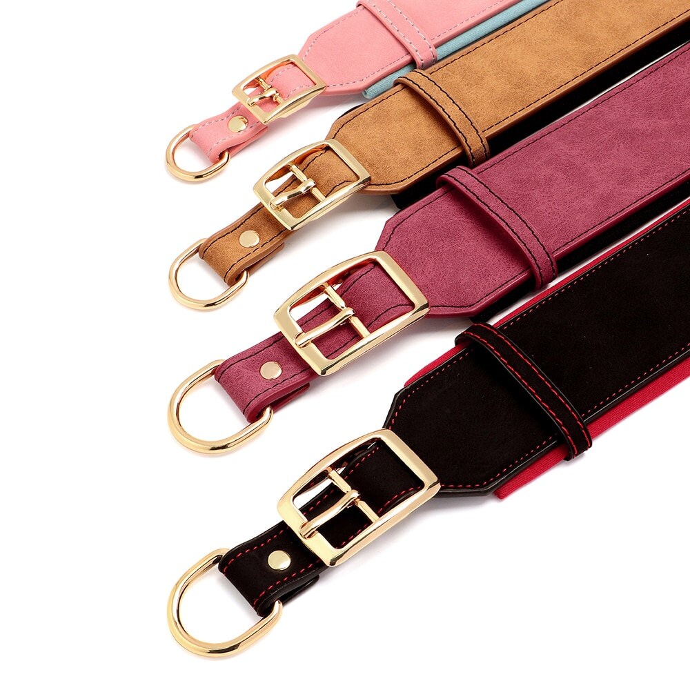 Greyhound Collar, Personalised Wide Faux Leather Dog Collar Nameplate, Custom for Medium to Large Dogs, Pink, Brown, Dark Pink and Black