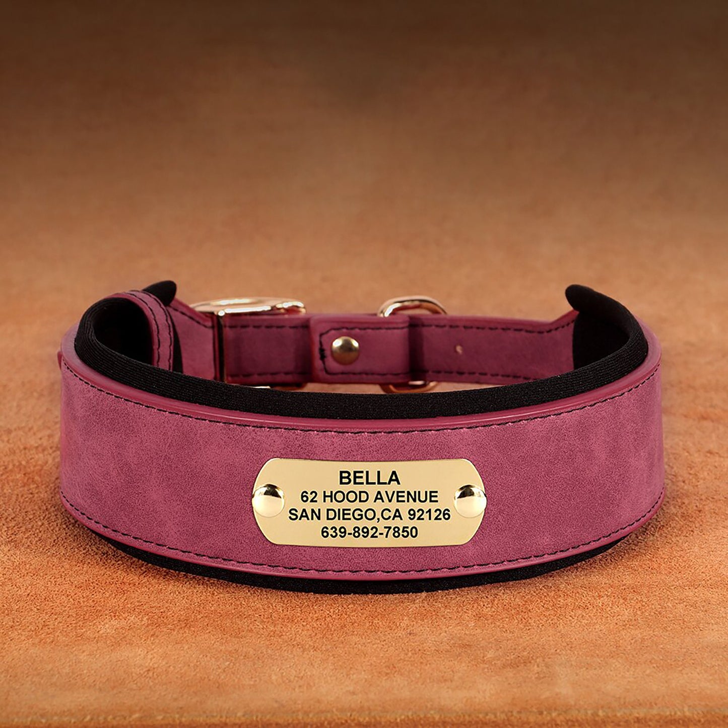Greyhound Collar, Personalised Wide Faux Leather Dog Collar Nameplate, Custom for Medium to Large Dogs, Pink, Brown, Dark Pink and Black