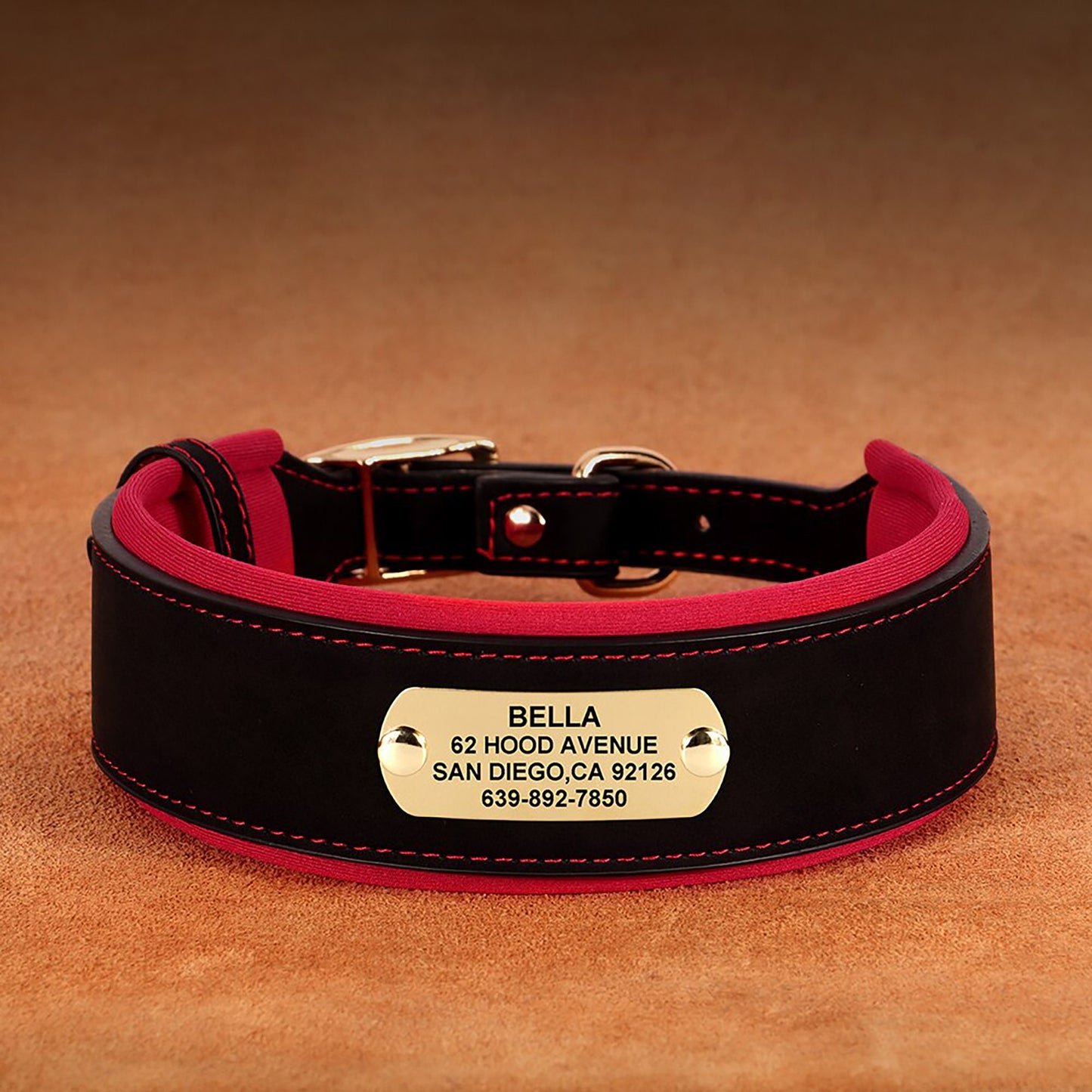 Greyhound Collar, Personalised Wide Faux Leather Dog Collar Nameplate, Custom for Medium to Large Dogs, Pink, Brown, Dark Pink and Black