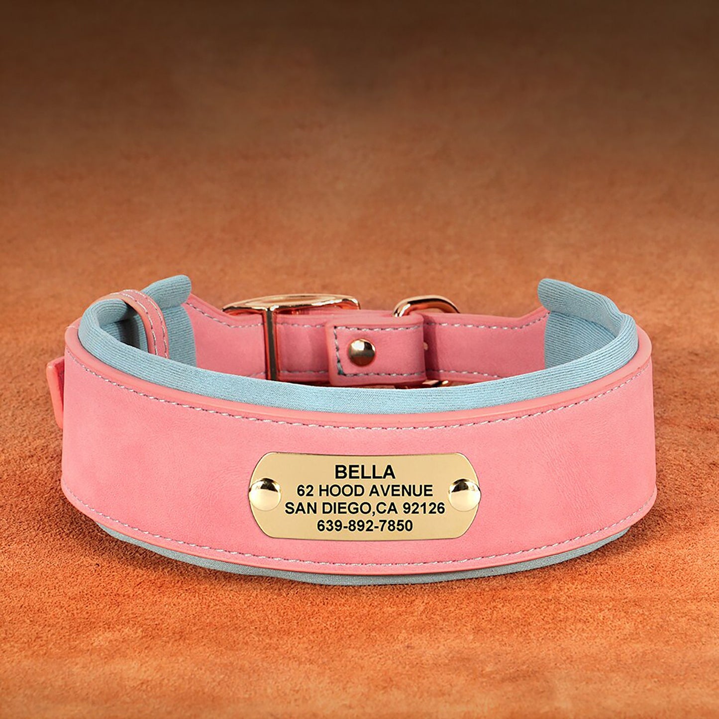 Greyhound Collar, Personalised Wide Faux Leather Dog Collar Nameplate, Custom for Medium to Large Dogs, Pink, Brown, Dark Pink and Black