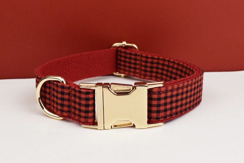 Personalised Red Plaid Dog Collar, Leash, Harness, Bowtie in Checkered Plaid Style, Different Combo, Dog Collar or Lead Set