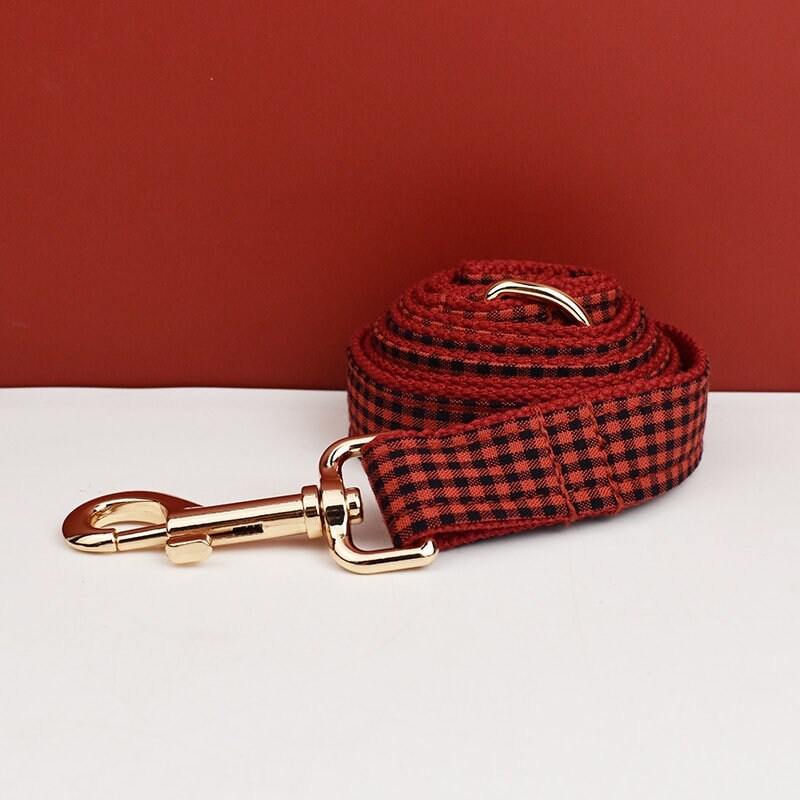 Personalised Red Plaid Dog Collar, Leash, Harness, Bowtie in Checkered Plaid Style, Different Combo, Dog Collar or Lead Set