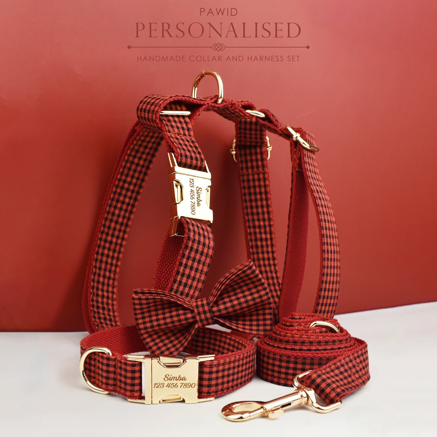 Personalised Red Plaid Dog Collar, Leash, Harness, Bowtie in Checkered Plaid Style, Different Combo, Dog Collar or Lead Set
