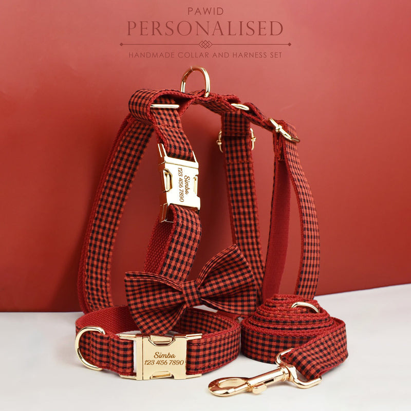Personalized Red Plaid Dog Collar, Leash, Harness, Bowtie in Checkered Plaid Style, Different Combo, Dog Collar or Lead Set
