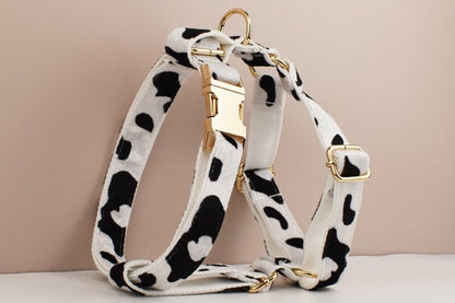 Custom White Black Cow Pattern Velvet Personalised Dog Collar, Matching Bowtie, Dog Leash, H-Style Harness & Dog Poop Bag