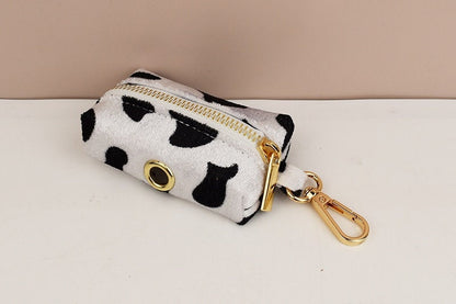 Custom White Black Cow Pattern Velvet Personalised Dog Collar, Matching Bowtie, Dog Leash, H-Style Harness & Dog Poop Bag