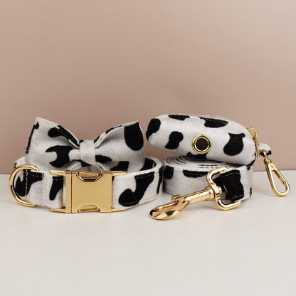 Custom White Black Cow Pattern Velvet Personalised Dog Collar, Matching Bowtie, Dog Leash, H-Style Harness & Dog Poop Bag