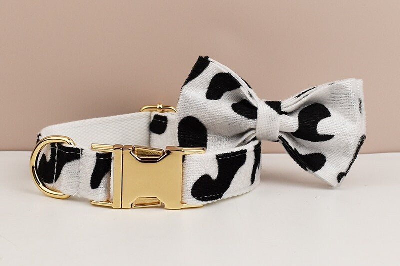 Custom White Black Cow Pattern Velvet Personalised Dog Collar, Matching Bowtie, Dog Leash, H-Style Harness & Dog Poop Bag