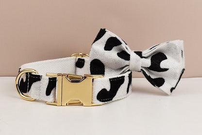 Custom White Black Cow Pattern Velvet Personalised Dog Collar, Matching Bowtie, Dog Leash, H-Style Harness & Dog Poop Bag