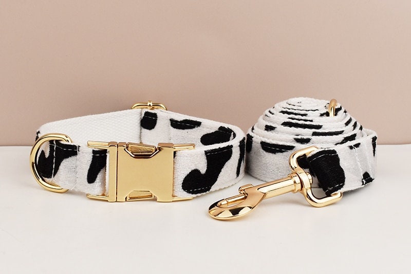 Custom White Black Cow Pattern Velvet Personalised Dog Collar, Matching Bowtie, Dog Leash, H-Style Harness & Dog Poop Bag