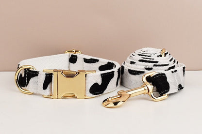 Custom White Black Cow Pattern Velvet Personalised Dog Collar, Matching Bowtie, Dog Leash, H-Style Harness & Dog Poop Bag