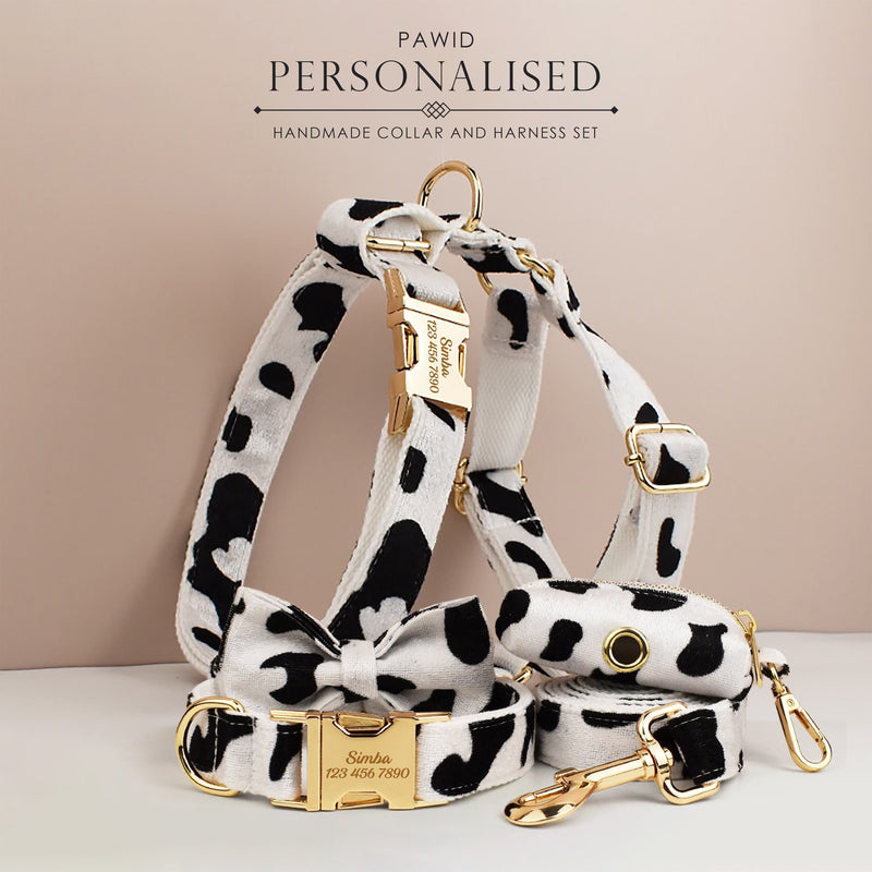 Custom White Black Cow Pattern Velvet Personalized Dog Collar, Matching Bowtie, Dog Leash, H-Style Harness & Dog Poop Bag, Different Combo