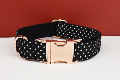 Black White Polka Dot Dog Harness, Custom Dog Collar with Name, Bowtie, Leash for Female Puppy, Small to Large Dogs, Pet Gift.