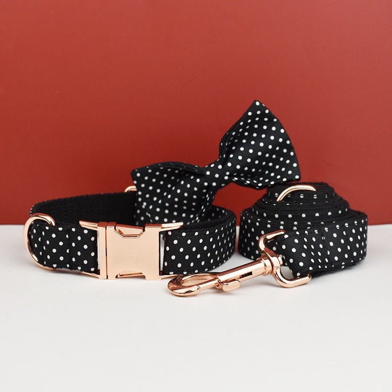 Black White Polka Dot Dog Harness, Custom Dog Collar with Name, Bowtie, Leash for Female Puppy, Small to Large Dogs, Pet Gift.