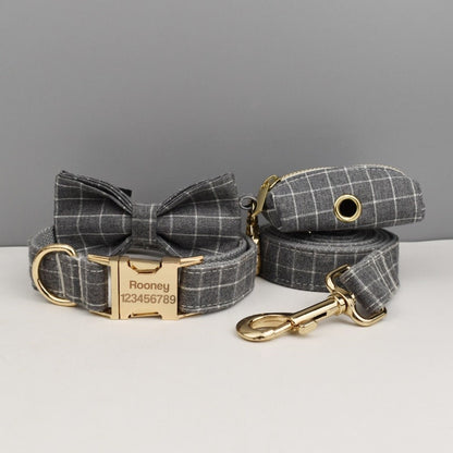 Personalised Gray Plaid Dog Collar or Checker Pattern, Custom Buckle with Name, for Formal, Wedding, H Harness, Bow, Leash