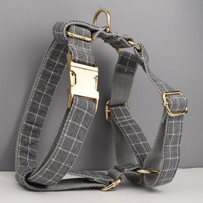 Personalised Gray Plaid Dog Collar or Checker Pattern, Custom Buckle with Name, for Formal, Wedding, H Harness, Bow, Leash