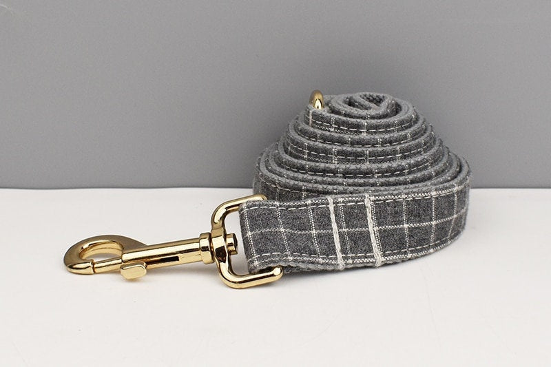 Personalised Gray Plaid Dog Collar or Checker Pattern, Custom Buckle with Name, for Formal, Wedding, H Harness, Bow, Leash