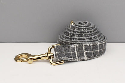 Personalised Gray Plaid Dog Collar or Checker Pattern, Custom Buckle with Name, for Formal, Wedding, H Harness, Bow, Leash