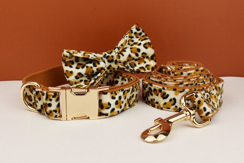 Leopard Print Dog Accessories, Custom Brown Velvet Dog Collar with Personalised Name, H Harness, Bowtie, Leash, Poop Bag Holder