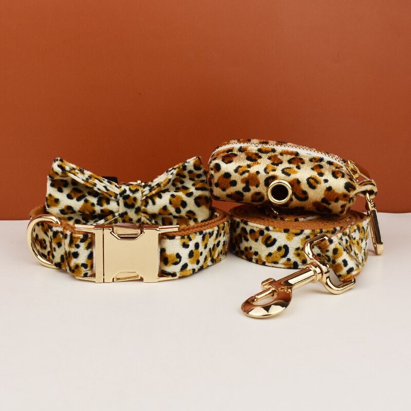 Leopard Print Dog Accessories, Custom Brown Velvet Dog Collar with Personalised Name, H Harness, Bowtie, Leash, Poop Bag Holder