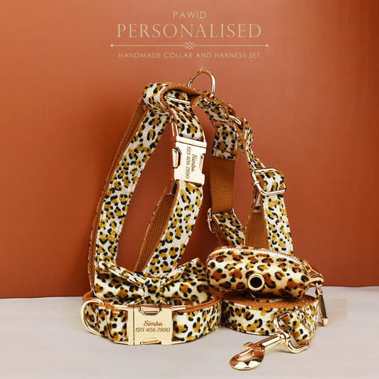 Leopard Print Dog Accessories, Custom Brown Velvet Dog Collar with Personalised Name, H Harness, Bowtie, Leash, Poop Bag Holder