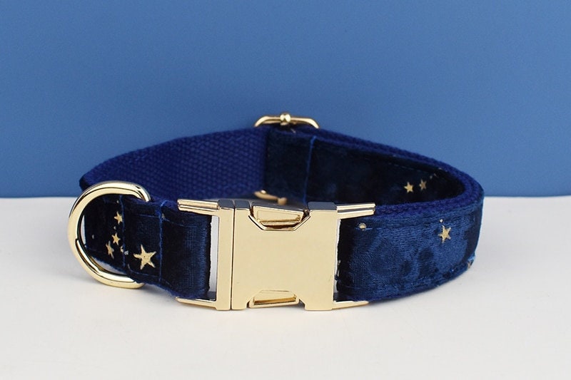 Stars Dog Harness, Custom Navy Blue with Golden Stars Personalised Velvet Dog Collar, Bowtie, Leash, H-Style Harness