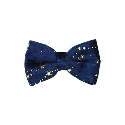 Stars Dog Harness, Custom Navy Blue with Golden Stars Personalised Velvet Dog Collar, Bowtie, Leash, H-Style Harness