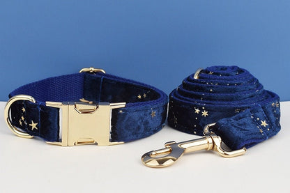 Stars Dog Harness, Custom Navy Blue with Golden Stars Personalised Velvet Dog Collar, Bowtie, Leash, H-Style Harness