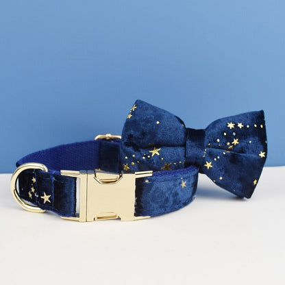 Stars Dog Harness, Custom Navy Blue with Golden Stars Personalised Velvet Dog Collar, Bowtie, Leash, H-Style Harness