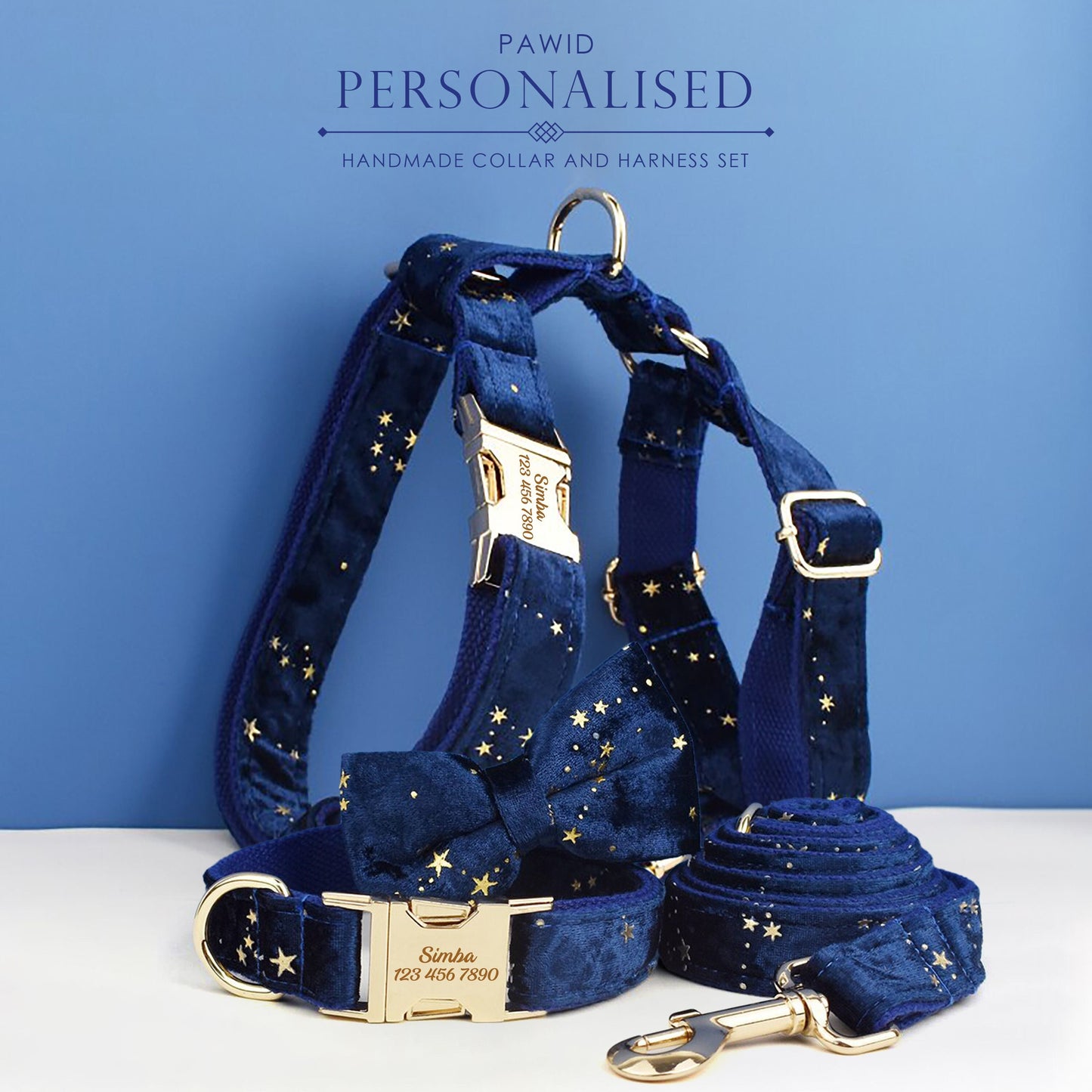 Stars Dog Harness, Custom Navy Blue with Golden Stars Personalised Velvet Dog Collar, Bowtie, Leash, H-Style Harness