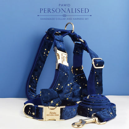 Stars Dog Harness, Custom Navy Blue with Golden Stars Personalised Velvet Dog Collar, Bowtie, Leash, H-Style Harness