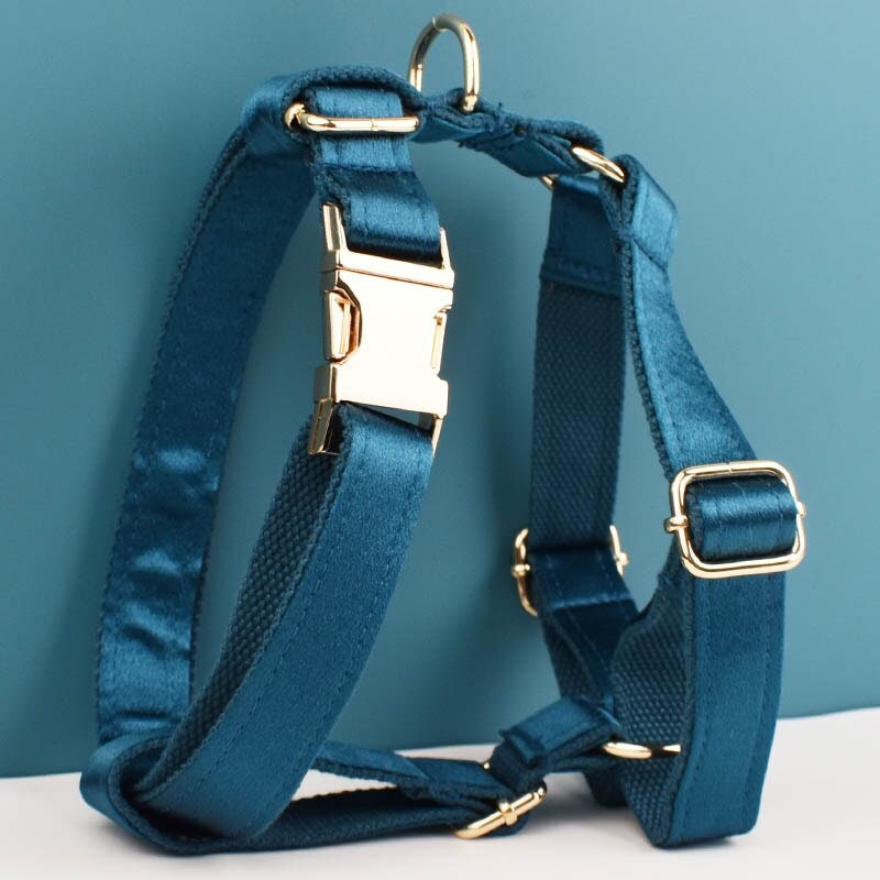 Wedding Dog Collar in Blue Green Satin, Custom Silky Teal H Style Dog Harness with Name, Leash, Sailor Bow for Birthday
