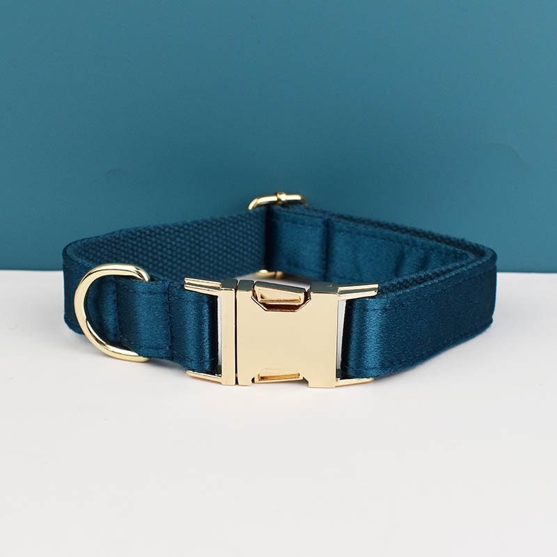 Wedding Dog Collar in Blue Green Satin, Custom Silky Teal H Style Dog Harness with Name, Leash, Sailor Bow for Birthday