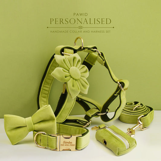 Green Personalised Dog Harness for Small, Medium, Large Dogs, Avocado Green Custom Dog Collar with Name, Bow, Flower, Poop Bag Holder
