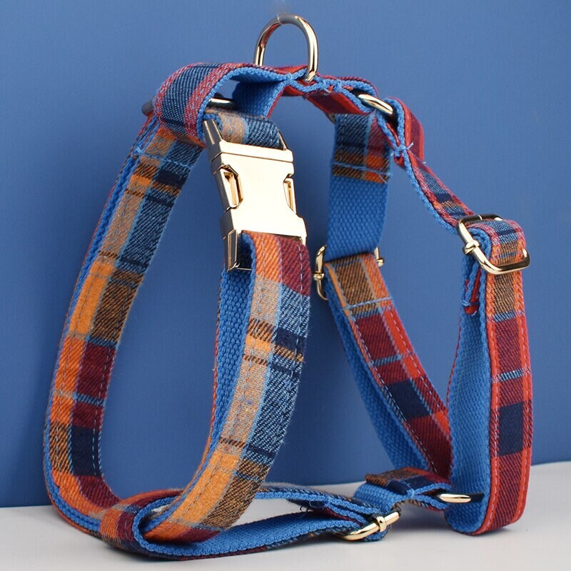 Tartan Dog Collar, Blue Red Check Custom H-Style Dog Harness, Leash, Collar, Bowtie, Stylish Boy Dog Accessories
