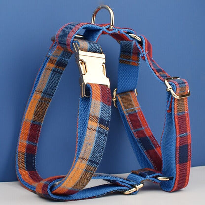 Tartan Dog Collar, Blue Red Check Custom H-Style Dog Harness, Leash, Collar, Bowtie, Stylish Boy Dog Accessories