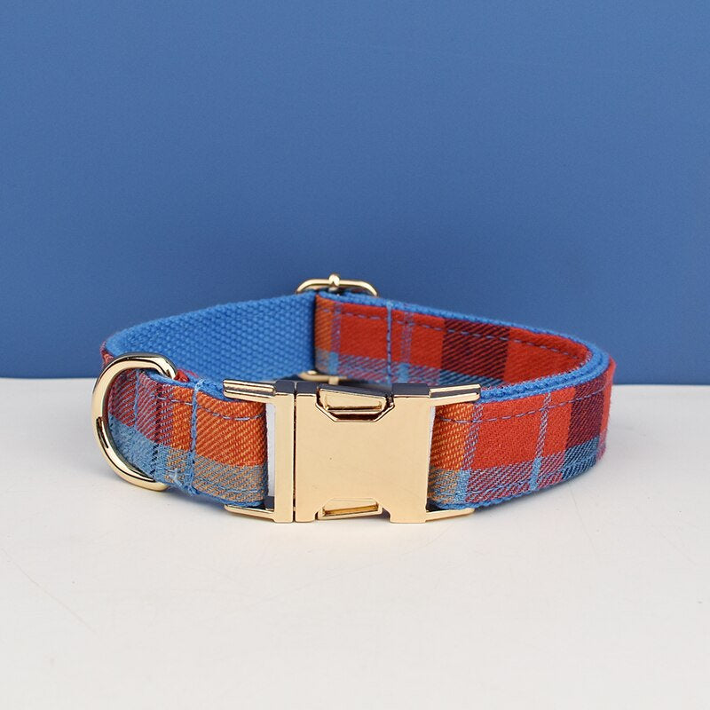 Tartan Dog Collar, Blue Red Check Custom H-Style Dog Harness, Leash, Collar, Bowtie, Stylish Boy Dog Accessories