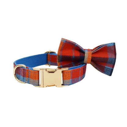 Tartan Dog Collar, Blue Red Check Custom H-Style Dog Harness, Leash, Collar, Bowtie, Stylish Boy Dog Accessories