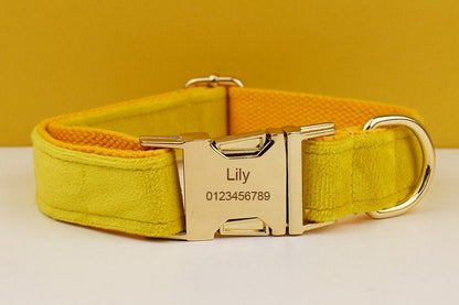 Yellow Dog Collar Soft Velvet Custom with Name, Personalised H Harness, Leash Set, Bow, Flower, Poop Bag Holder