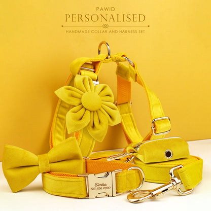 Yellow Dog Collar Soft Velvet Custom with Name, Personalised H Harness, Leash Set, Bow, Flower, Poop Bag Holder