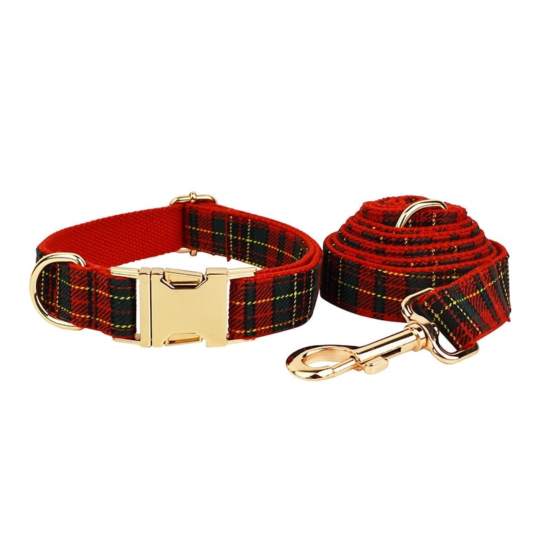 Personalised Tartan Christmas Dog Collar, Harness, Leash Green and Red Checkered Plaid Style, Different Combo, Dog Collar or Lead Set