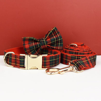 Personalised Tartan Christmas Dog Collar, Harness, Leash Green and Red Checkered Plaid Style, Different Combo, Dog Collar or Lead Set