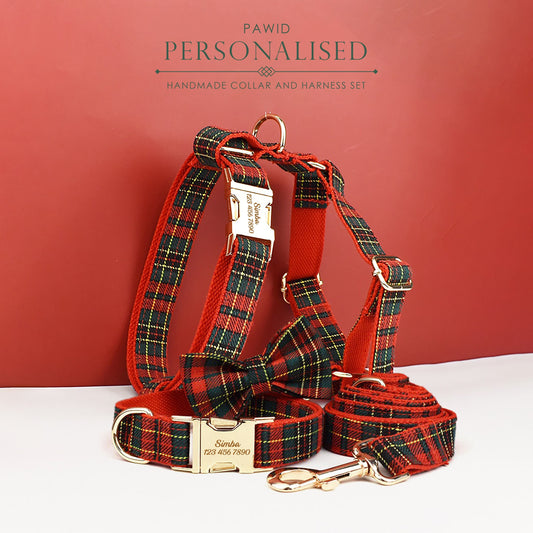 Personalised Tartan Christmas Dog Collar, Harness, Leash Green and Red Checkered Plaid Style, Different Combo, Dog Collar or Lead Set